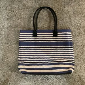 Blue and white stripped canvas handbag